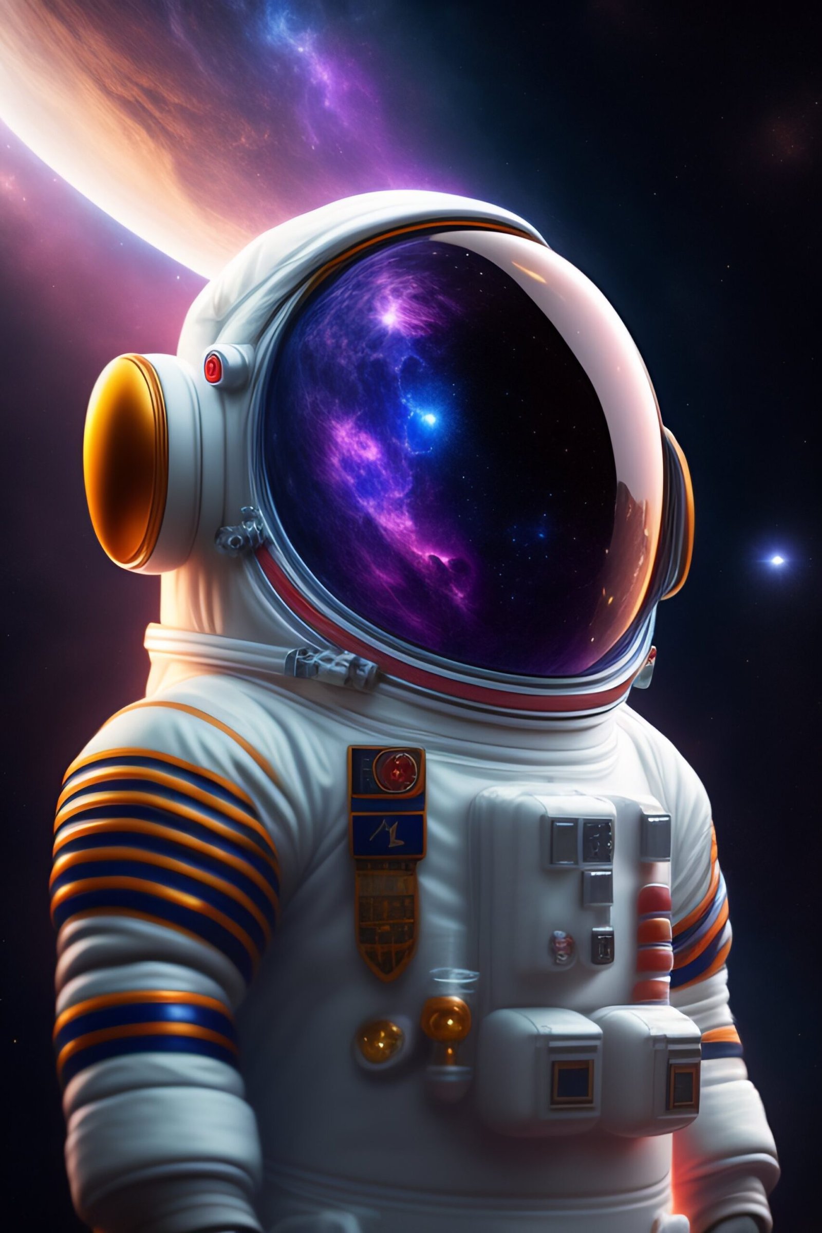 An astronaut wearing a helmet with a galaxy in the